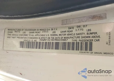 2007 Volkswagen New Beetle 2.5 из США, поврежденный, VIN 3VWRF31Y87M422887